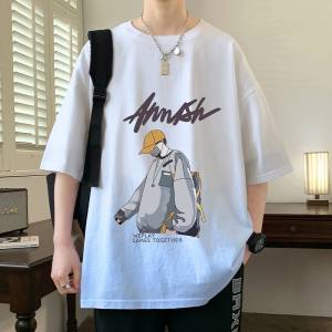 漸變色短袖男夏季寬松卡通印花五分袖上衣服t青少年休閑半袖男T恤