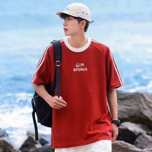 美式撞色條紋短袖t恤男夏季新款冰絲純棉潮牌重磅寬松體恤上衣服