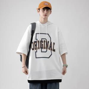 美式連帽短袖t恤男士青少年潮牌2024新款潮流春夏季薄款重磅衛衣