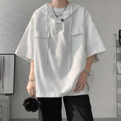 連帽短袖男夏季cityboy日系衣服潮牌潮流七分袖美式襯衫式工裝t恤