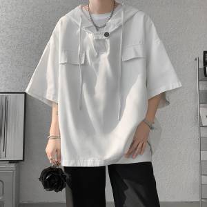 連帽短袖男夏季cityboy日系衣服潮牌潮流七分袖美式襯衫式工裝t恤