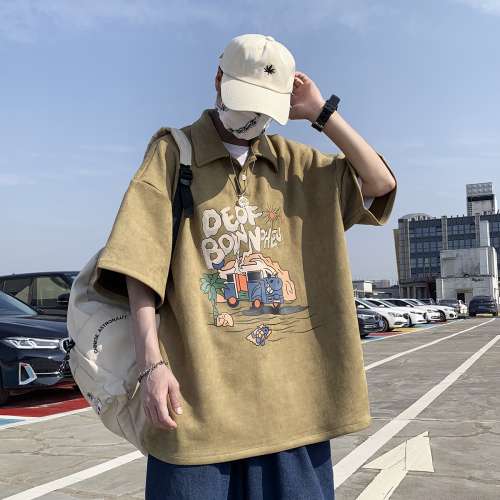 麂皮320g重磅polo領短袖T恤男潮牌潮流美式復古高街oversize半袖