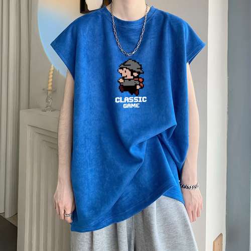 麂皮絨無袖t恤男款夏季寬松坎肩背心美式潮牌潮流男生短袖上衣服