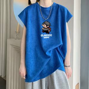 麂皮絨無袖t恤男款夏季寬松坎肩背心美式潮牌潮流男生短袖上衣服