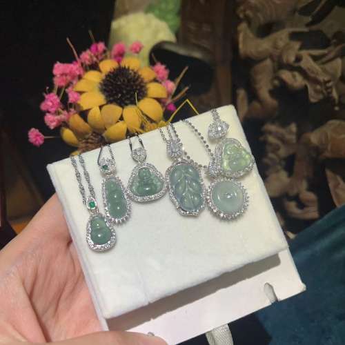 s925項鍊搭配天然冰種玉石A翡翠藍水佛公福豆葫蘆吊墜項鍊天然翡翠玉石多款式