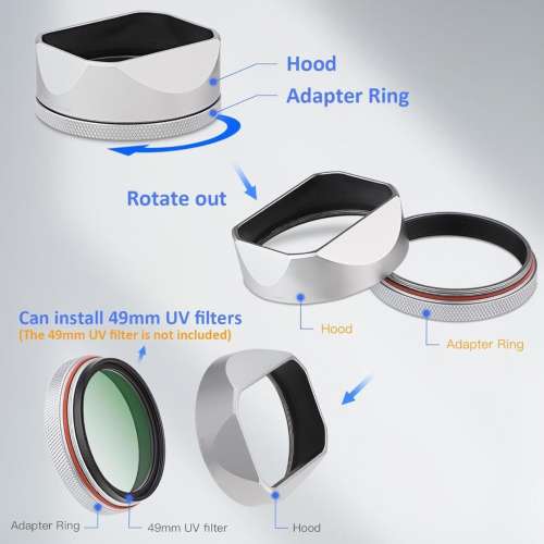 HAOGE LH-X54W Hood With JJC A+ Ultra Slim Multi-Coated UV Filter - 49mm 銀色遮...