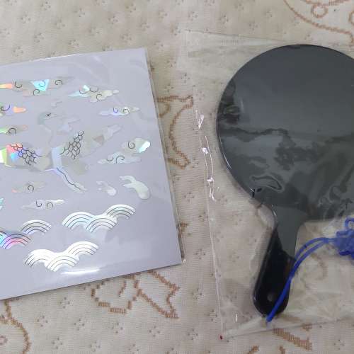 全新韓國手提化妝鏡 小鏡子 便攜化妝鏡 鶴圖案貼紙鏡 DIY工藝自貼圖案鏡 (中國製)