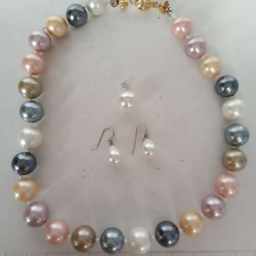 貝珠shell pearl 頸鏈.14mm 22寸，加配吊咀及耳環，純銀鉤，全套共售380元。no.B4....