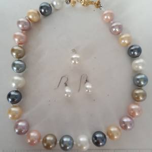 貝珠shell pearl 頸鏈.14mm 22寸，加配吊咀及耳環，純銀鉤，全套共售380元。no.B4....