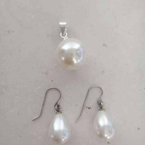 貝珠shell pearl 頸鏈.14mm 22寸，加配吊咀及耳環，純銀鉤，全套共售380元。no.B4....