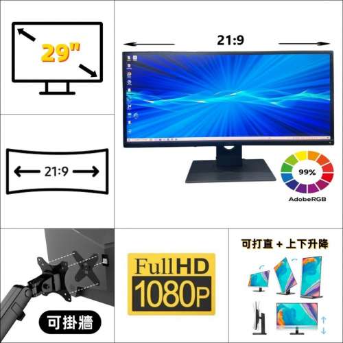 29" DELL U2913｜👀 FHD 60Hz｜sRGB 99%【✔可掛牆+可打直+可升降+內置USB】😀實物...