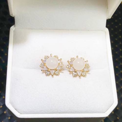 精品天然和田玉耳钉 925银镶玉耳坠 白玉耳钉