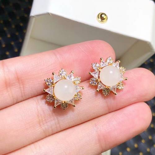 精品天然和田玉耳钉 925银镶玉耳坠 白玉耳钉