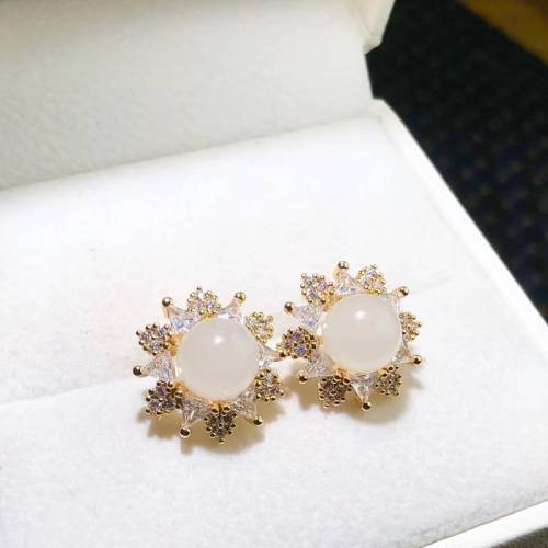 精品天然和田玉耳钉 925银镶玉耳坠 白玉耳钉