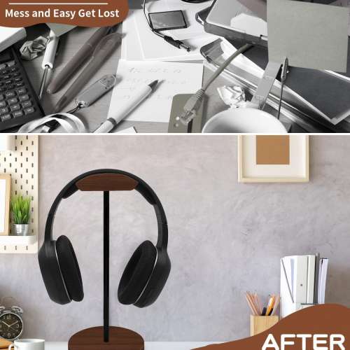 Headphone Holder Stand for Desk, Wood and Metal Headset Hanger Mount Hook...