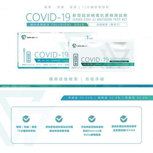 全新Savewo救世 COVID-19 新冠病毒抗原快速測試套裝 20盒裝 ( 可散買)