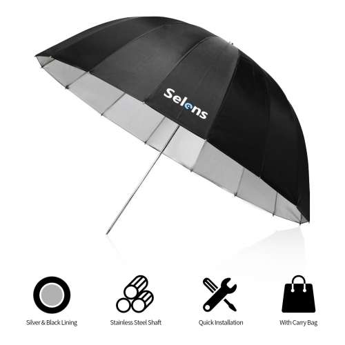 SELENS 105cm Parabolic Reflective Umbrella Black Silver (16 Pod) 十六角深抛內...