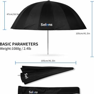 SELENS 130cm Parabolic Reflective Umbrella Black Silver (16 Pod)