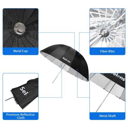 SELENS 130cm Parabolic Reflective Umbrella Black Silver (16 Pod)