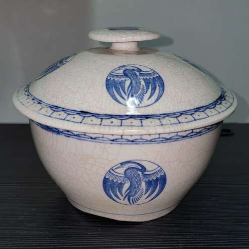 1980 年時代 中國出品 青花團鶴圖案印花 陶瓷 大燉盅 燉鍋 懷舊復古 餐具 Year 198...