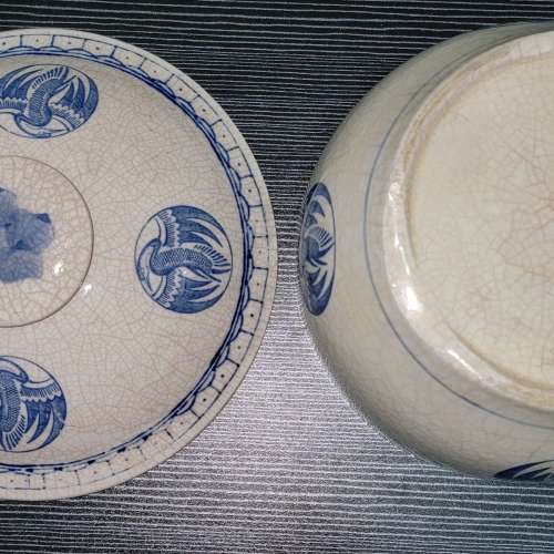 1980 年時代 中國出品 青花團鶴圖案印花 陶瓷 大燉盅 燉鍋 懷舊復古 餐具 Year 198...