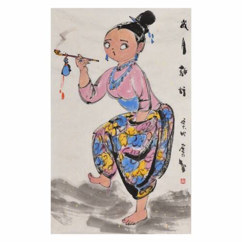 超值中美协会员窦红手绘真迹美女小胖妞名人画《岁月静好》