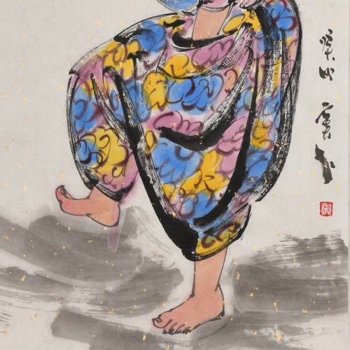 超值中美协会员窦红手绘真迹美女小胖妞名人画《岁月静好》