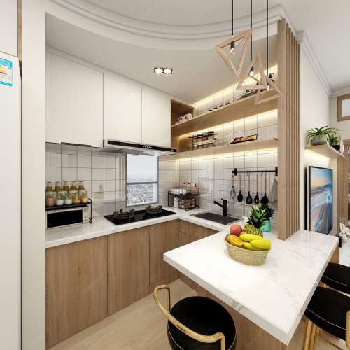 🎂廚房吧枱設計 一體式餐枱 伸縮餐枱 英式傢俬設計焗漆面廚房櫥櫃設計訂做廚房L型櫥...