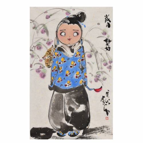 中美协会员窦红美女小胖妞画《岁月静好》