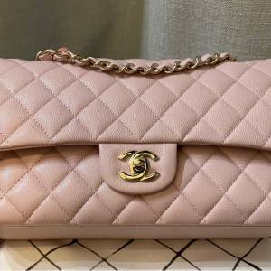 Chanel 經典翻蓋包 25cm 粉紅色魚子醬金色五金配件