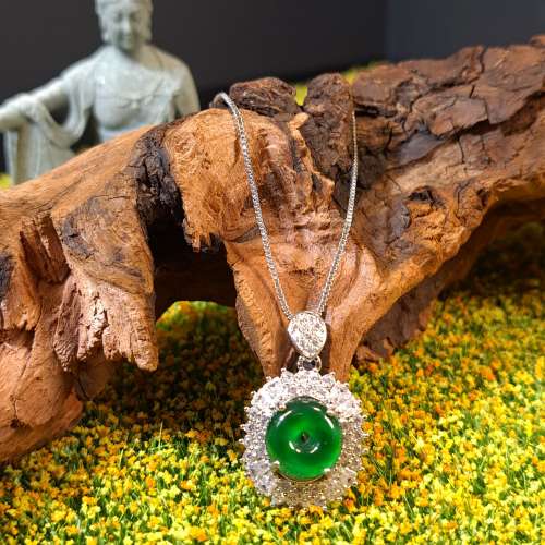 S925銀鑲陽綠平安扣翡翠吊墜