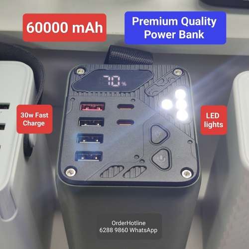 Power Bank 60000 mAh. Premium Quality LED Torch.30w Fast Charge. 特大容量充電寶