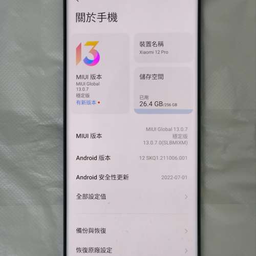 95%新 港版 小米Mi 12 Pro 12+256GB 藍色