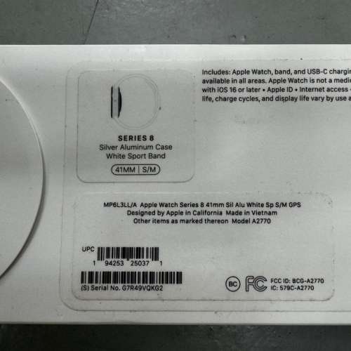 全新蘋果手錶全白 Apple Watch S8 41mm Sil ALU white Sp S/M GPS(6L3)
