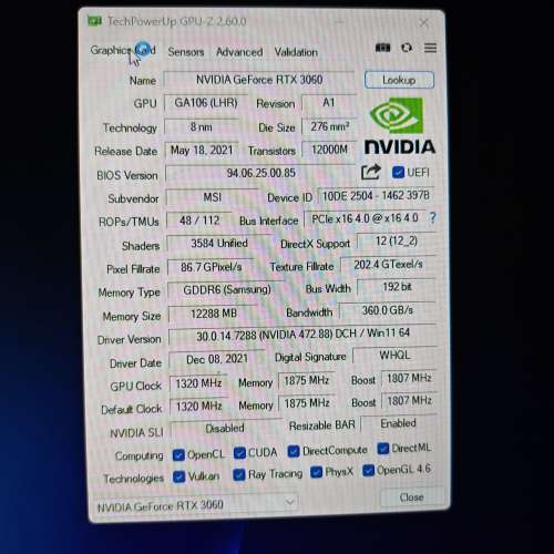 微星RTX3060 12Gb正常使用，已經更換導熱膏