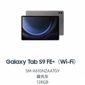 (全新未開盒+連原裝機套) SAMSUNG Tab S9 FE+ wifi版 128 GB (灰色）