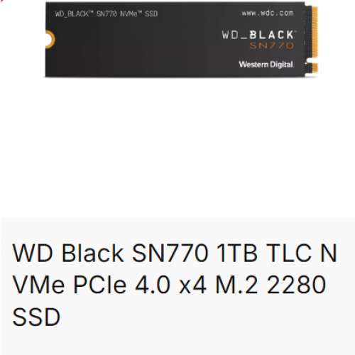 WD 1TB (SN770) Black Gen 4x4 NVMe X 2 條