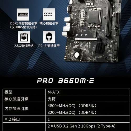 MSI微星PRO B660M-E DD4 主板+ 16GB 3200 RAM + CPU散熱 + ASUS WIFI 網絡卡 +1STp...