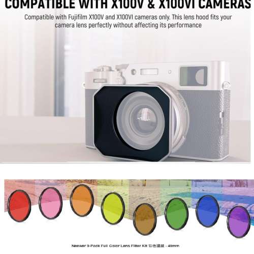 NEEWER Lens Hood With 9-Pack Full Color Lens Filter Kit For Fujifilm X100VI