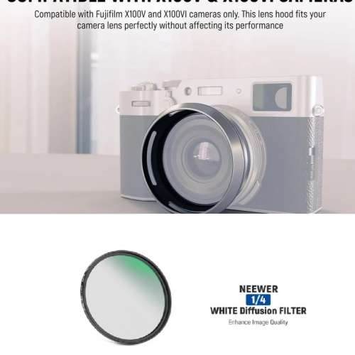 NEEWER Lens Hood With Soft White Diffusion 1/4 Filter For Fujifilm X100V & X100V