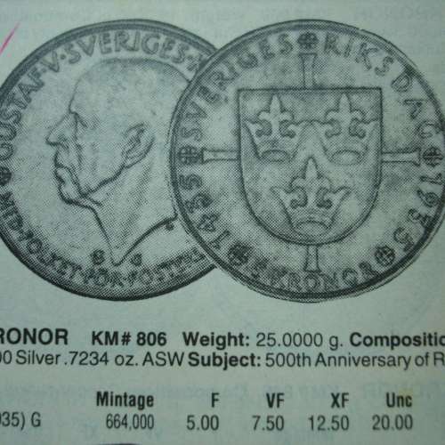 瑞典 1935 年發行瑞典國會成立 500 週年紀念版 5 克朗銀幣