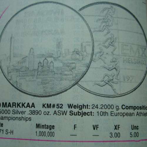 芬蘭 1971 年發行第 10 屆歐洲田徑錦標賽紀念版 10 馬克銀幣