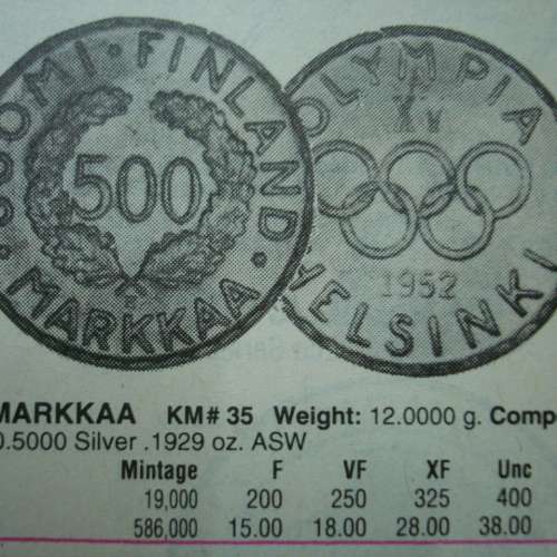 芬蘭 1952 年發行全世界第 1 枚第 15 屆赫爾辛基奧運會紀念版 500 馬克銀幣