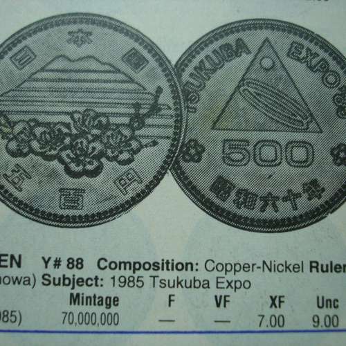 日本 1985 年即昭和 60 年發行筑波世界博覽會紀念版 500 Yen 鎳幣