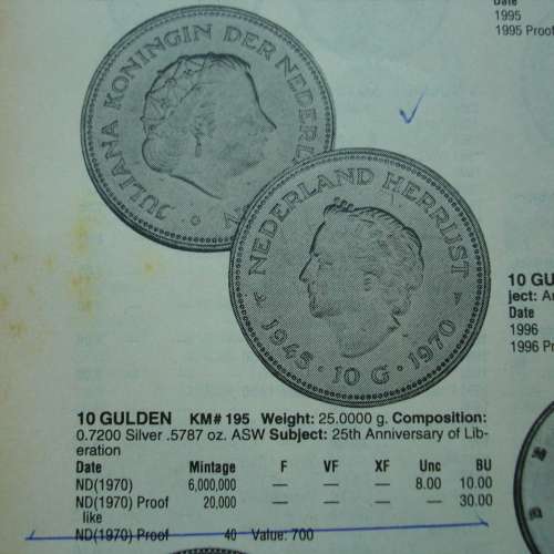 荷蘭 1970 年發行第 2 次世界大戰重光紀念日 25 週年紀念版 10 盾銀幣