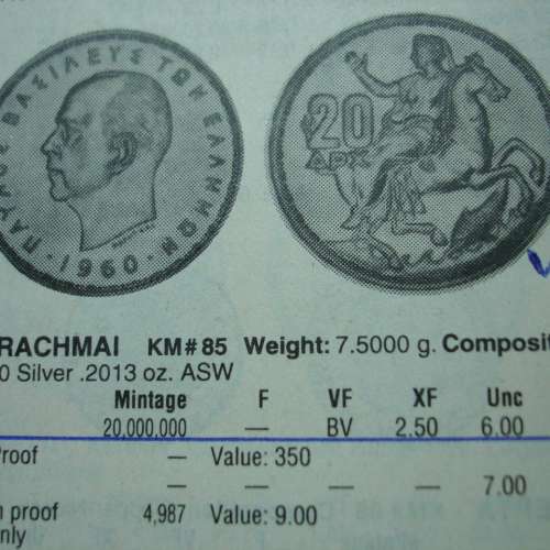 希臘 1960 年發行 20 德拉克馬銀幣