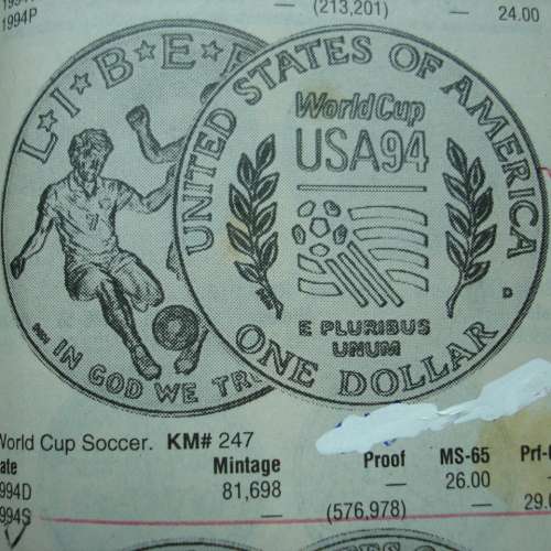 美國 1994 年發行第 15 屆美國主辦世界盃足球賽紀念版 1 圓銀幣