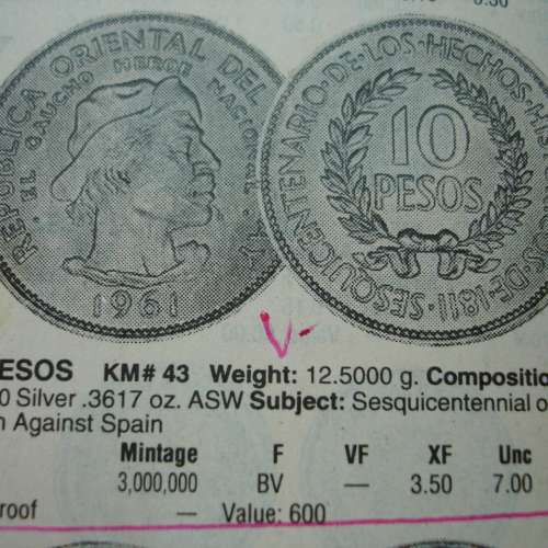 烏拉圭 1961 年發行反抗西班牙革命 150 週年紀念版 10 披索銀幣