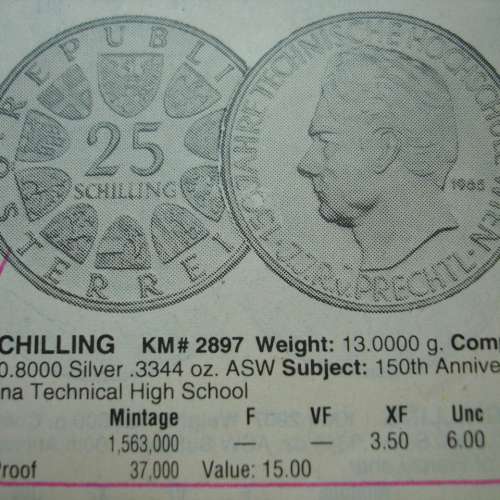 奧地利 1970 年發行奧地利政客摩拉維亞博士誕辰 100 週年紀念版 50 先令銀幣