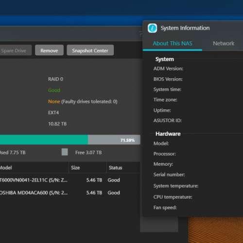 Asustor 2 bay NAS + 兩隻 6TB 硬碟 (HDD hard disk drive)